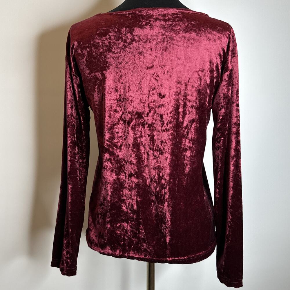 Vintage 90s Y2K Crushed Velvet Top M Burgundy Long Sleeve Fairy Grunge Goth - Picture 2 of 9